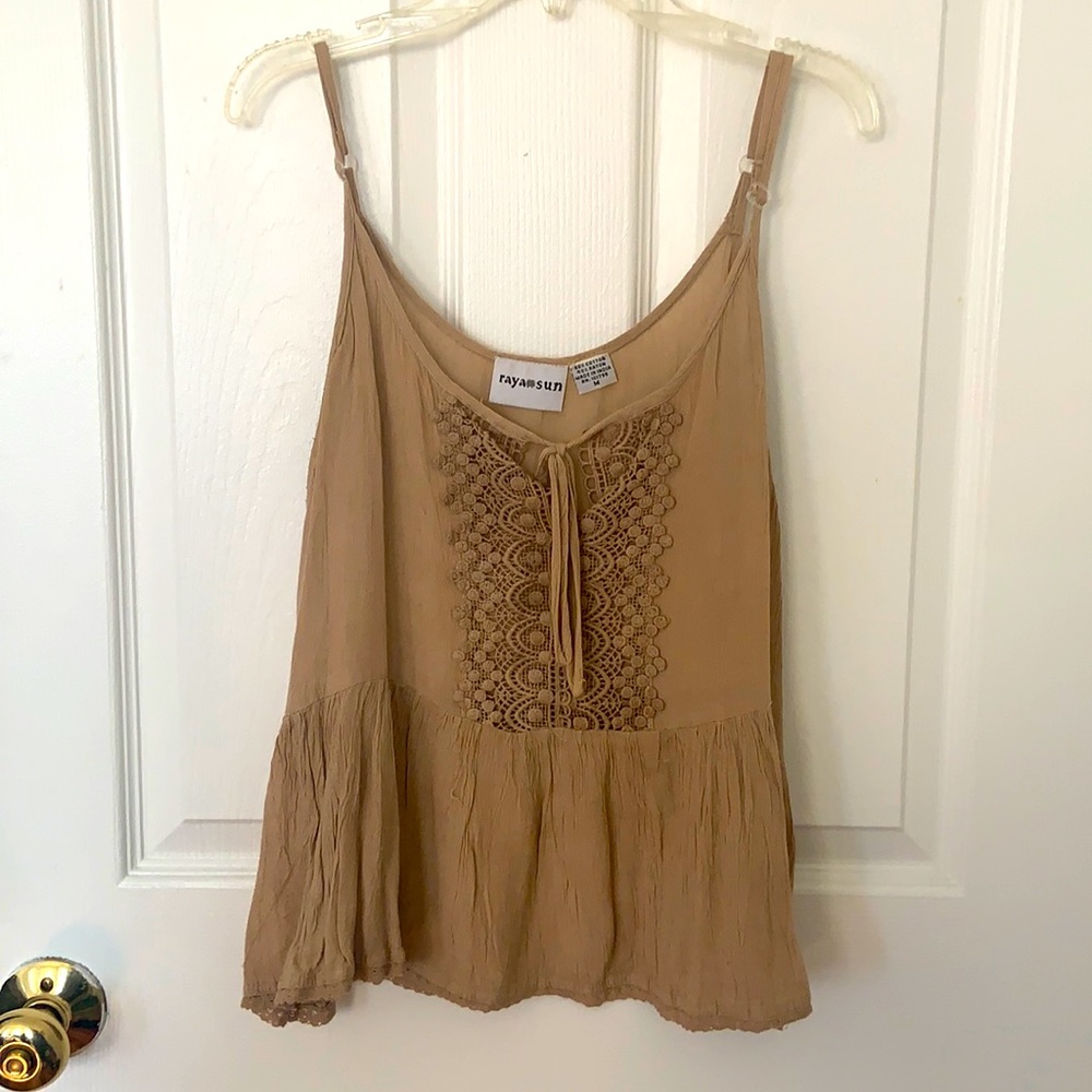 Tan spaghetti strap shirt with lace detail